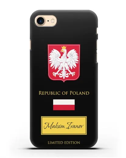 Чехол с гербом и флагом Республики Польша с именем, фамилией на английском языке силиконовый для iPhone 7