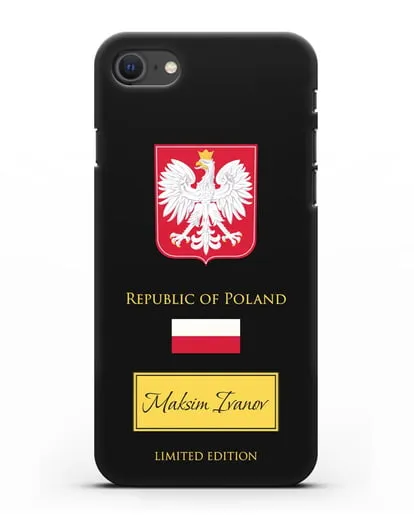 Чехол с гербом и флагом Республики Польша с именем, фамилией на английском языке силиконовый для iPhone SE 2020