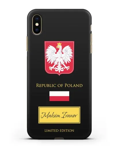 Чехол с гербом и флагом Республики Польша с именем, фамилией на английском языке силиконовый для iPhone XS Max