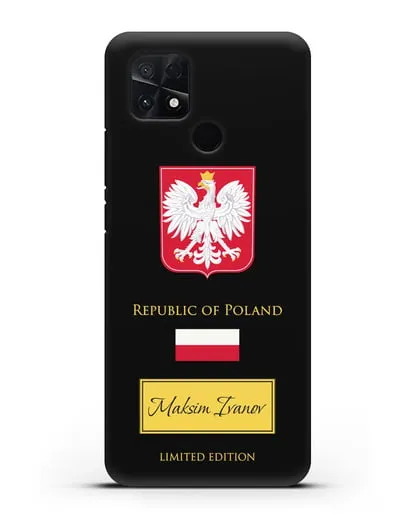 Чехол с гербом и флагом Республики Польша с именем, фамилией на английском языке силиконовый для Xiaomi Poco C40