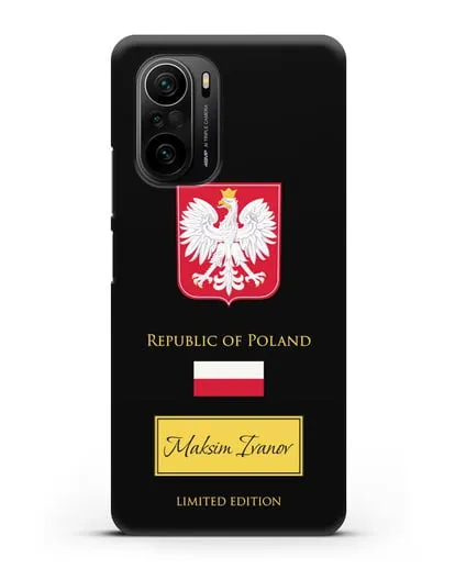 Чехол с гербом и флагом Республики Польша с именем, фамилией на английском языке силиконовый для Xiaomi Poco F3