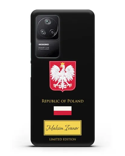 Чехол с гербом и флагом Республики Польша с именем, фамилией на английском языке силиконовый для Xiaomi Poco F4