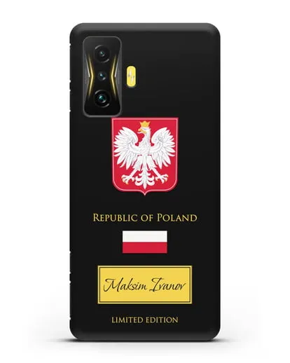 Чехол с гербом и флагом Республики Польша с именем, фамилией на английском языке силиконовый для Xiaomi Poco F4 GT