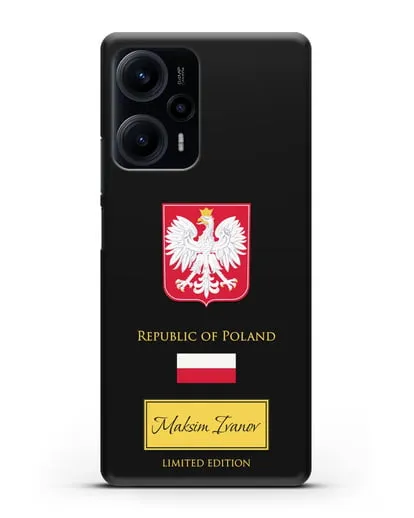 Чехол с гербом и флагом Республики Польша с именем, фамилией на английском языке силиконовый для Xiaomi Poco F5