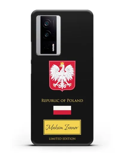Чехол с гербом и флагом Республики Польша с именем, фамилией на английском языке силиконовый для Xiaomi Poco F5 Pro