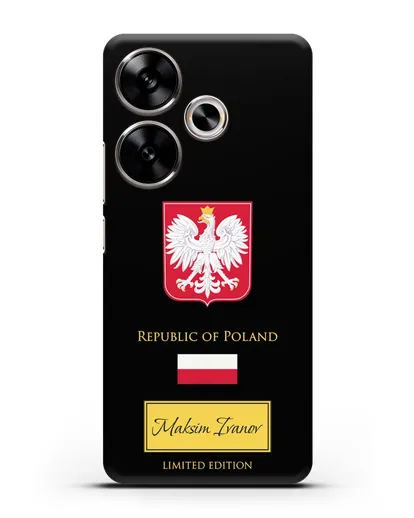 Чехол с гербом и флагом Республики Польша с именем, фамилией на английском языке силиконовый для Xiaomi Poco F6
