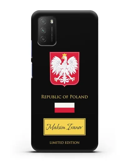 Чехол с гербом и флагом Республики Польша с именем, фамилией на английском языке силиконовый для Xiaomi Poco M3