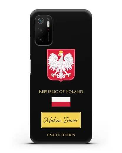 Чехол с гербом и флагом Республики Польша с именем, фамилией на английском языке силиконовый для Xiaomi Poco M3 Pro