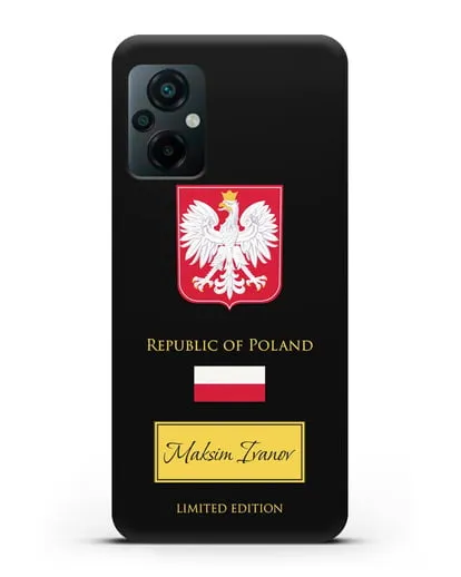 Чехол с гербом и флагом Республики Польша с именем, фамилией на английском языке силиконовый для Xiaomi Poco M5
