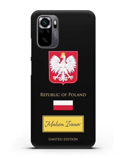 Чехол с гербом и флагом Республики Польша с именем, фамилией на английском языке силиконовый для Xiaomi Poco M5s