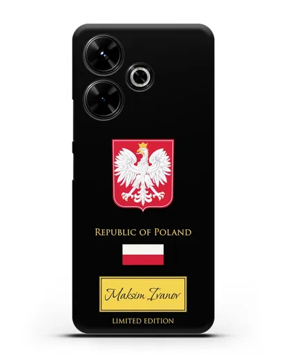 Чехол с гербом и флагом Республики Польша с именем, фамилией на английском языке силиконовый для Xiaomi Poco M6