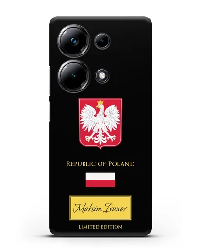 Чехол с гербом и флагом Республики Польша с именем, фамилией на английском языке силиконовый для Xiaomi Poco M6 Pro