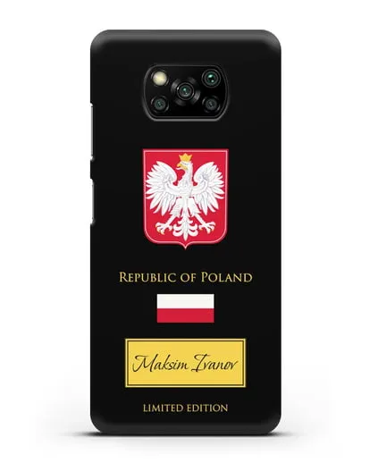Чехол с гербом и флагом Республики Польша с именем, фамилией на английском языке силиконовый для Xiaomi Poco X3 Pro