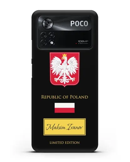 Чехол с гербом и флагом Республики Польша с именем, фамилией на английском языке силиконовый для Xiaomi Poco X4 Pro