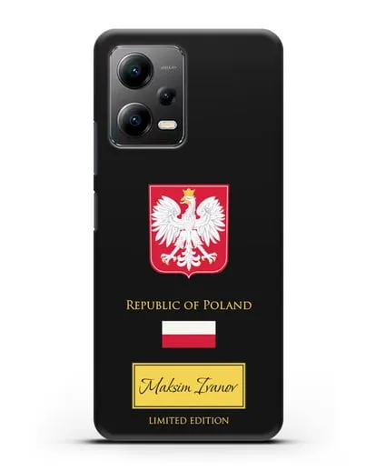Чехол с гербом и флагом Республики Польша с именем, фамилией на английском языке силиконовый для Xiaomi Poco X5