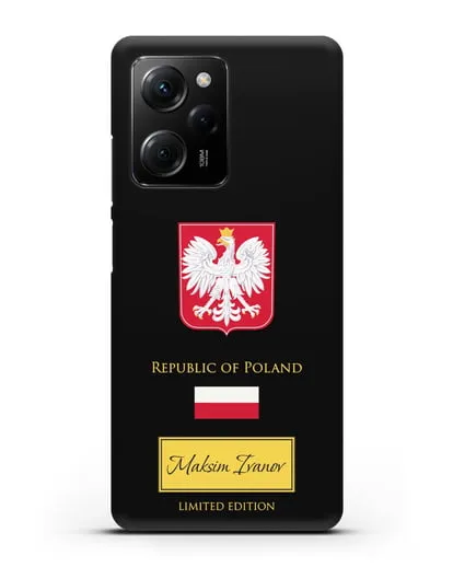 Чехол с гербом и флагом Республики Польша с именем, фамилией на английском языке силиконовый для Xiaomi Poco X5 Pro