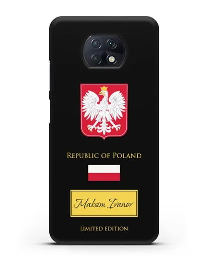 Чехол с гербом и флагом Республики Польша с именем, фамилией на английском языке силиконовый для Xiaomi Redmi Note 9T