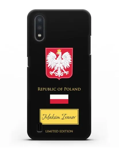 Чехол с гербом и флагом Республики Польша с именем, фамилией на английском языке силиконовый для Samsung Galaxy A01 [SM-A015F]
