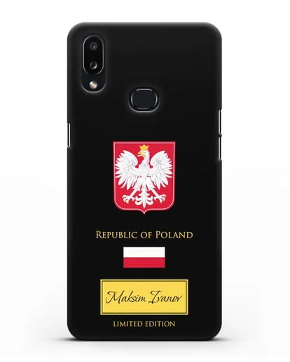 Чехол с гербом и флагом Республики Польша с именем, фамилией на английском языке силиконовый для Samsung Galaxy A10s [SM-F107F]