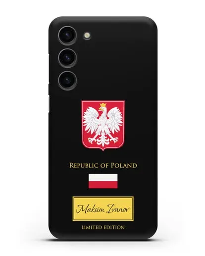 Чехол с гербом и флагом Республики Польша с именем, фамилией на английском языке силиконовый для Samsung Galaxy S23 Plus [SM-S916]