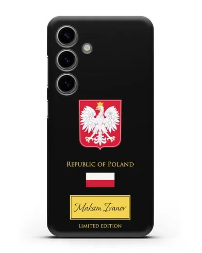 Чехол с гербом и флагом Республики Польша с именем, фамилией на английском языке силиконовый для Samsung Galaxy S24