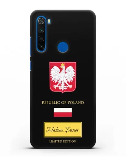 Чехол с гербом и флагом Республики Польша с именем, фамилией на английском языке силиконовый для Xiaomi Redmi Note 8