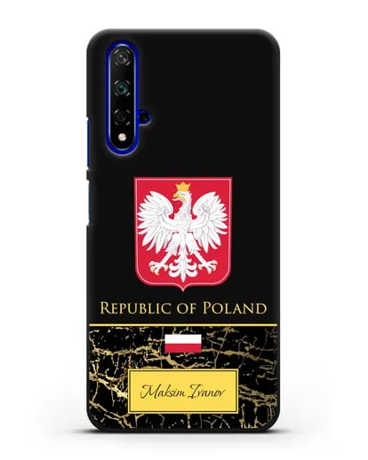 Чехол с гербом и флагом Республики Польша с именем, фамилией на английском языке, черный мрамор силиконовый для Honor 20