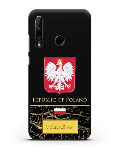 Чехол с гербом и флагом Республики Польша с именем, фамилией на английском языке, черный мрамор силиконовый для Honor 20e