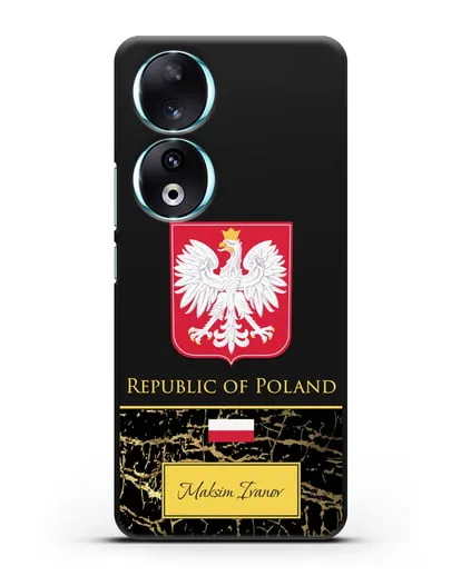 Чехол с гербом и флагом Республики Польша с именем, фамилией на английском языке, черный мрамор силиконовый для Honor 90