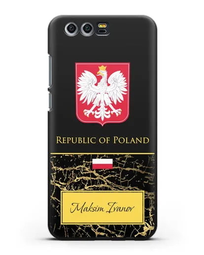 Чехол с гербом и флагом Республики Польша с именем, фамилией на английском языке, черный мрамор силиконовый для Honor 9