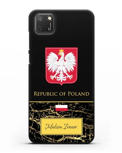 Чехол с гербом и флагом Республики Польша с именем, фамилией на английском языке, черный мрамор силиконовый для Honor 9S
