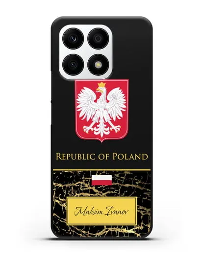 Чехол с гербом и флагом Республики Польша с именем, фамилией на английском языке, черный мрамор силиконовый для Honor X8a