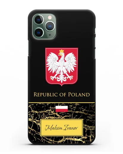 Чехол с гербом и флагом Республики Польша с именем, фамилией на английском языке, черный мрамор силиконовый для iPhone 11 Pro