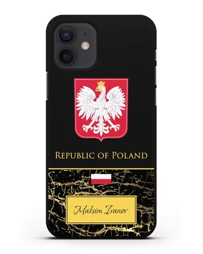 Чехол с гербом и флагом Республики Польша с именем, фамилией на английском языке, черный мрамор силиконовый для iPhone 12
