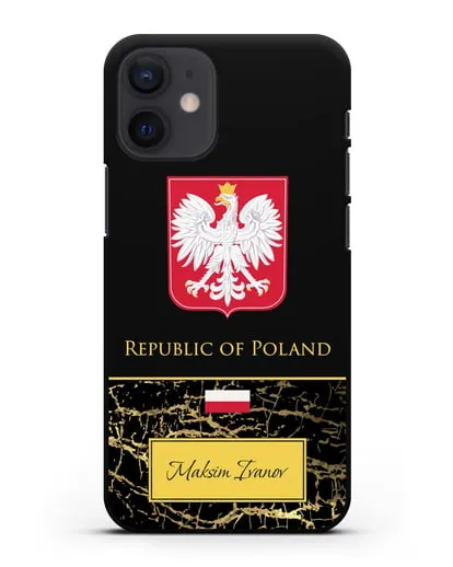 Чехол с гербом и флагом Республики Польша с именем, фамилией на английском языке, черный мрамор силиконовый для iPhone 12 mini
