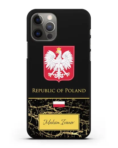 Чехол с гербом и флагом Республики Польша с именем, фамилией на английском языке, черный мрамор силиконовый для iPhone 12 Pro
