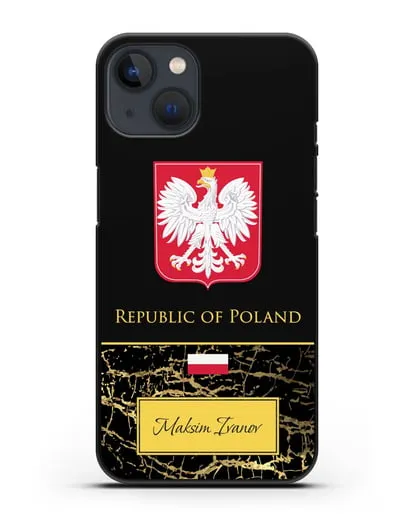 Чехол с гербом и флагом Республики Польша с именем, фамилией на английском языке, черный мрамор силиконовый для iPhone 13 Mini