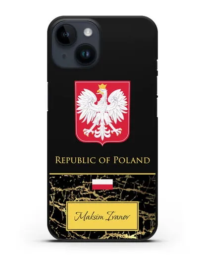 Чехол с гербом и флагом Республики Польша с именем, фамилией на английском языке, черный мрамор силиконовый для iPhone 14