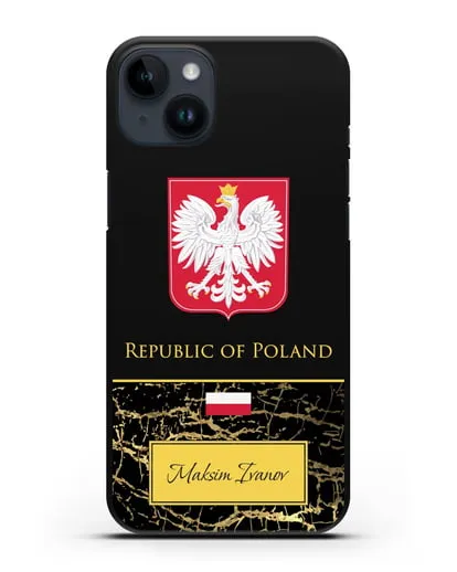 Чехол с гербом и флагом Республики Польша с именем, фамилией на английском языке, черный мрамор силиконовый для iPhone 14 Plus