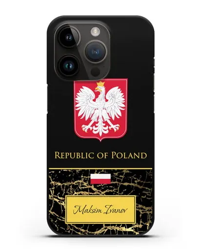 Чехол с гербом и флагом Республики Польша с именем, фамилией на английском языке, черный мрамор силиконовый для iPhone 14 Pro