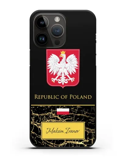 Чехол с гербом и флагом Республики Польша с именем, фамилией на английском языке, черный мрамор силиконовый для iPhone 14 Pro Max