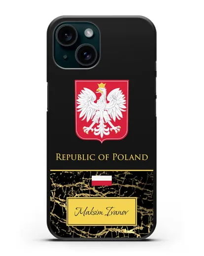 Чехол с гербом и флагом Республики Польша с именем, фамилией на английском языке, черный мрамор силиконовый для iPhone 15