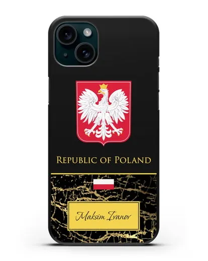 Чехол с гербом и флагом Республики Польша с именем, фамилией на английском языке, черный мрамор силиконовый для iPhone 15 Plus