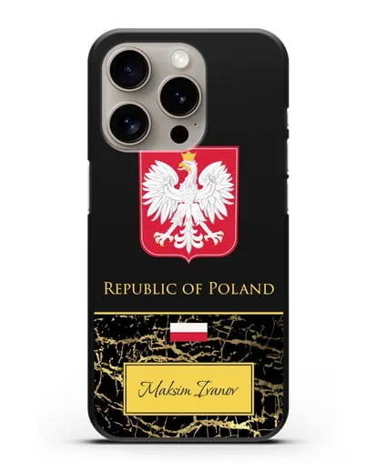 Чехол с гербом и флагом Республики Польша с именем, фамилией на английском языке, черный мрамор силиконовый для iPhone 15 Pro