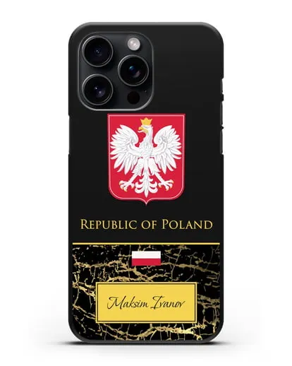 Чехол с гербом и флагом Республики Польша с именем, фамилией на английском языке, черный мрамор силиконовый для iPhone 15 Pro Max