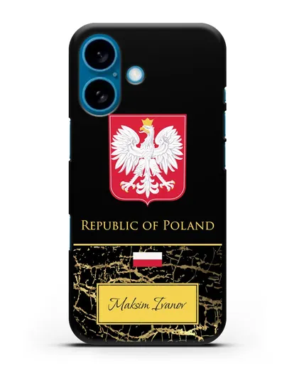 Чехол с гербом и флагом Республики Польша с именем, фамилией на английском языке, черный мрамор силиконовый для iPhone 16