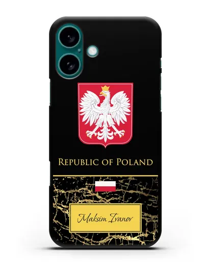 Чехол с гербом и флагом Республики Польша с именем, фамилией на английском языке, черный мрамор силиконовый для iPhone 16 Plus