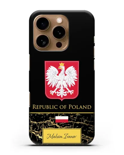 Чехол с гербом и флагом Республики Польша с именем, фамилией на английском языке, черный мрамор силиконовый для iPhone 16 Pro