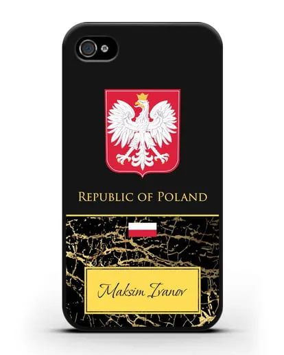 Чехол с гербом и флагом Республики Польша с именем, фамилией на английском языке, черный мрамор силиконовый для iPhone 4/4s