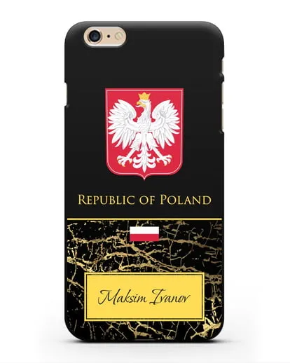 Чехол с гербом и флагом Республики Польша с именем, фамилией на английском языке, черный мрамор силиконовый для iPhone 6 Plus